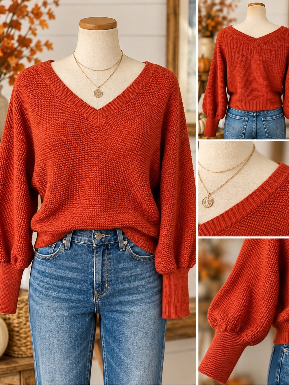 Anthropologie Women’s Small Rust V Neck Balloon Sleeve Knit Sweater